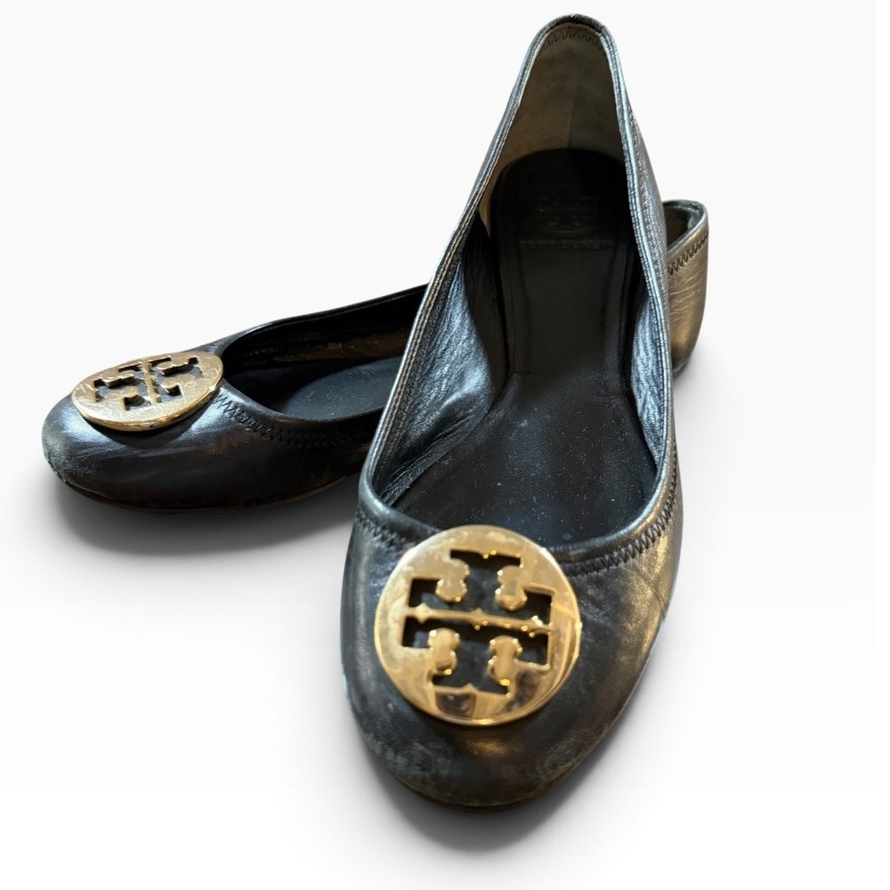 Tory Burch Black Leather Reva Ballet Flats Gold Logo Medallion Size 6 Final Sale